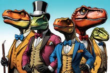 Team Of Dinosaurs In Suit, T Rex, Tyrannosaurus, Illustration