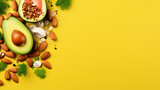 Fototapeta Kuchnia - Keto diet concept - salmon, avocado, eggs, nuts and seeds, bright green background, top view