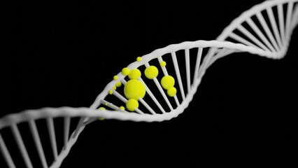 Poster - Colored molecules on dna. Design. 3D animation of dna chain with moving molecules. Disease of dna structure in form of colored molecules