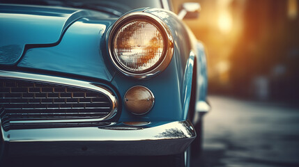 Old School blue car headlight. A close-up of the front headlight. Front view of a blue luxury retro car. 