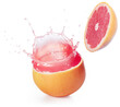 Fresh pink juice spilling out of a cut grapefruit isolated on white background. Authentic studio shot.