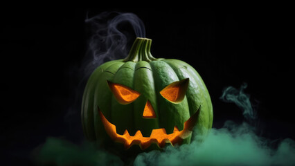 Wall Mural - Halloween green pumpkins with neon glowing eyes and witches hat, isolated on green toned smoke foggy background. Scary Jack-o-lantern halloween pumpkin.