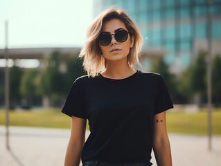 Attractive young woman wearing blank empty black t-shirt mockup for design template