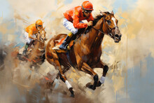 Banner With Jockey At Horse Racing Competition. Rider On Horse During A Race