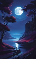 Wall Mural - Full moon over the lake.