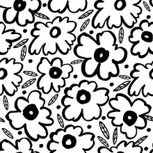 Vector Seamless Pattern With Black Flowers For Romantic Illustration. Flowers Japanese Style Grunge,  Black And White Texture.  
Botanical  Ornament With Floral Motif. Monochrome Collection Of Abstrac