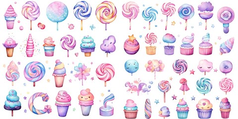Wall Mural - watercolor style illustration of cute cartoon lollipops and candy collection set, Generative Ai