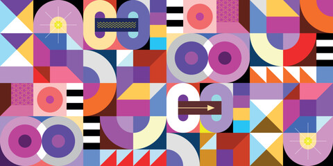Decorative vector tileable background includes many geometric shapes and abstract objects.
