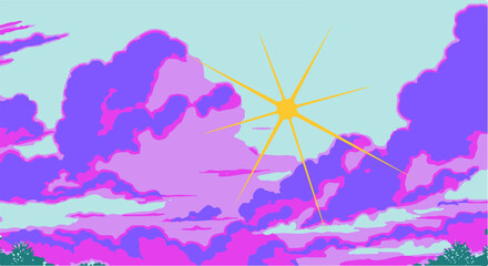 Wall Mural - Bright cloudscape with a glowing star overhead. Vector illustration in cartoon anime style with retrofuturistic vaporwave vibe.