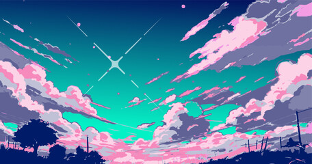 Poster - Bright cloudscape with a glowing star overhead. Vector illustration in cartoon anime style with retrofuturistic vaporwave vibe.