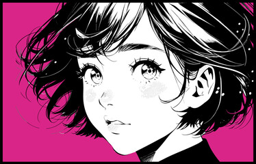 Poster - Dark-haired cool gothic anime woman with short haircut in neon colors. Manga comics style vector illustration.