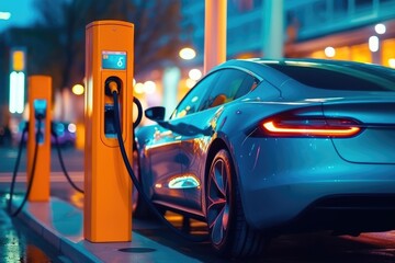 Wall Mural - Electric car charging at a gas station in the city. 