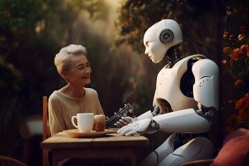 an old woman sitting at a table with a robot