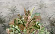 Tropical And Exotic Plants And Foliage. Floral Background To Paint Walls, Wallpaper, Photo Wallpaper, Postcards, Postcards. Loft, Modern And Classic Design.