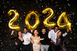 Happy multiracial men and women celebrating new year 2024 on black