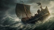 Viking Ship On Stormy Sea With Waves Crashing Ove