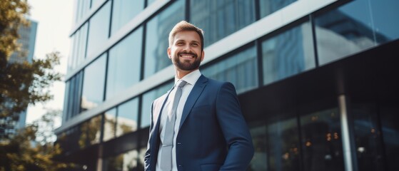 Attractive Happy wealthy rich successful business man standing in big city modern skyscrapers street thinking of successful future vision, dreaming of new investment opportunities.