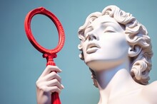 Greek Sculpture Of Aphrodite Admiring Herself In A Red Mirror On A Blue Background.