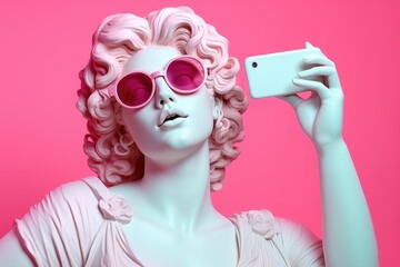 Wall Mural - Greek goddess Aphrodite wearing pink sunglasses with a smartphone in her hand poses for selfies.