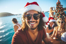 Group Of Friends Celebrating Christmas On Luxury Yacht At Exclusive Boat Party. 