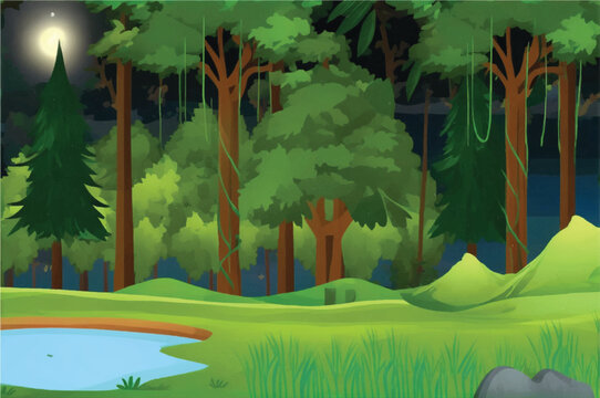 A cartoonish scene in the woods with a pond and a forest backdrop