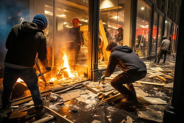 Wall Mural - Pogroms and riots in night city. People smash shop windows with firebombs