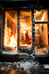 Wall Mural - Pogroms and riots in night city. Broken shop window on fire