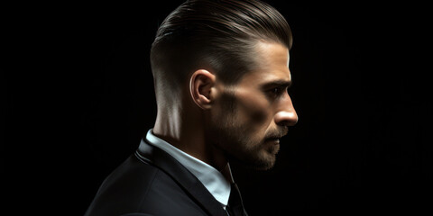 man's slicked-back hairstyle, emphasizing its texture and shine against a dark brown background, roo
