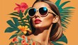 Tropical photo collage of beautiful woman in sunglasses with modernism-inspired portraiture