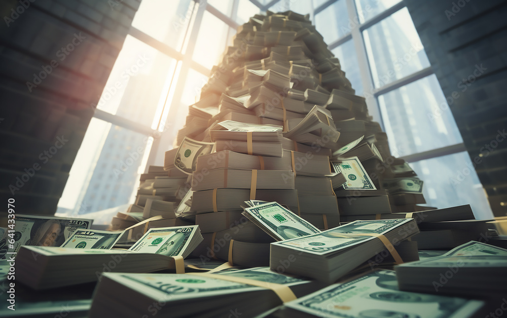Money pile in the office building. Generative AI