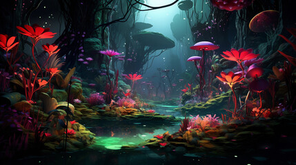 Wall Mural - A surreal XR rainforest with vibrant, bio - luminescent flora and fauna. Exaggerated colors, surreal creatures, and a sense of harmony between the real and virtual worlds