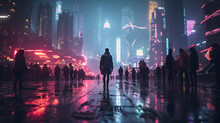 Cyberpunk Landscape, Multiple Cosplayers, Neon City Background, Rain - Soaked, Reflective Surfaces