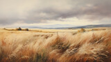 Fototapeta  - Painting of a prairie landscape and grasses. Grassland scenery and overcast sky in autumn.