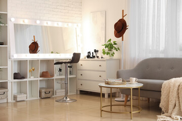 Sticker - Interior of beauty salon with mirror and chest of drawers