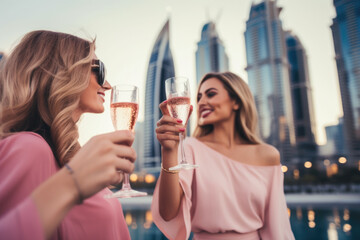 Wall Mural - Group of happy rich and stylish woman friends clinking with glasses of wine, celebrating holiday in Dubai with skyline and skyscrapers in the background