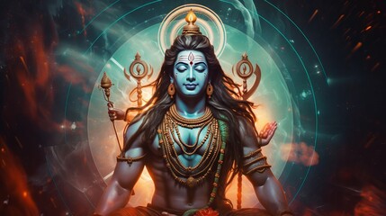 A transcendental spiritual representation of Lord Shiva with the cosmos as the backdrop. Gurudeva, electronic art, and Mahamaya