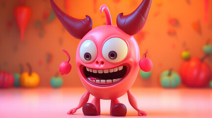 Wall Mural - 3d cute mascot cartoon character red evil ,isolated on pastel blurred background, design for greeting card, halloween theme