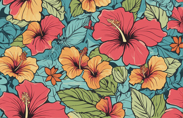  a blue background with pink and yellow flowers, a silk screen maximalism, wallpaper, repeating pattern, made of flower