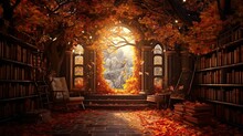 Fantasy Portal In An Enchanted Library, Autumn Leaves, Fairy Tale Art, Digital Illustration
