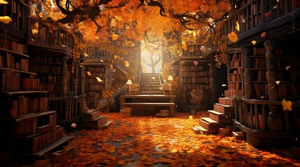 Wall Mural - Fantasy doorway in an enchanted library, autumn leaves, fairy tale art, digital illustration