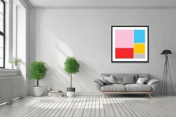 mock up poster frame in modern living room with scandinavian style, 3 d render, 3 d illustrationmock