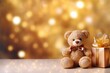 Mockup Banner oder Grußkarte für Weihnachten oder zum Geburtstag mit einem Teddybären und Geschenk aus Gold.