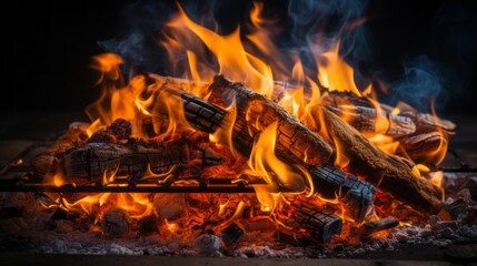 Wall Mural - Close up of burning flames, bonfire, bbq fire, BBQ camp. BBQ grill with glowing charcoal and bright flames Generative AI.