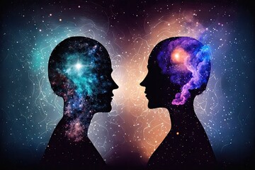 Poster - Silhouette of a man and woman in front of a cosmic background
