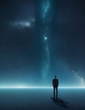 Fototapeta Na ścianę - A man stands in a vast, empty void, surrounded by a million tiny stars, as he realizes the world he thought he knew was nothing more than a computer simulation.