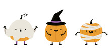 Little Cute Halloween Pumpkin Collection. Cartoon Pumpkins With Different Emotions.