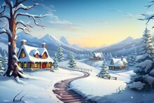 Winter In The Village, Holiday Season Postcard Style Illustration. Merry Christmas And Happy New Year Concept
