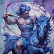 © ISVO - Digital painting of an archer with a bow and arrow on a horse. Sagittarius zodiac sign, astrological horoscope calendar, Archer esoteric illustration on magical purple background