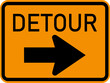 Vector graphic of a usa Detour highway sign. It consists of the wording Detour and an arrow within a black and orange  rectangle