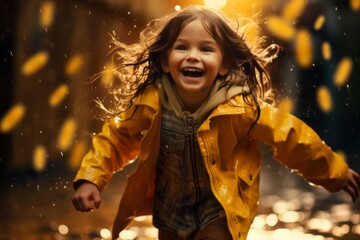 Wall Mural - Happy children jumping through puddles in autumn. Background with selective focus